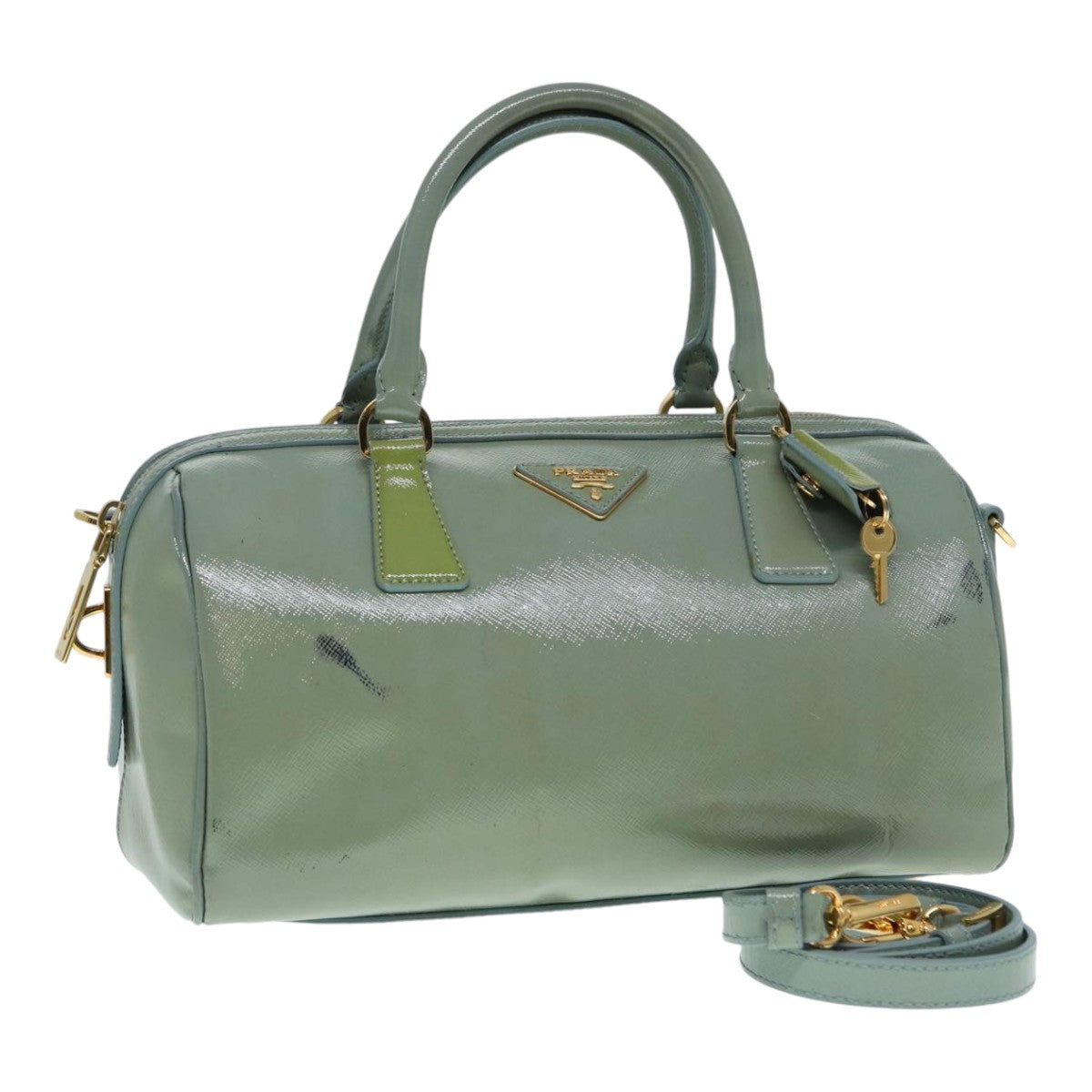 PRADA Hand Bag Enamel 2way Green Gold Auth 86018