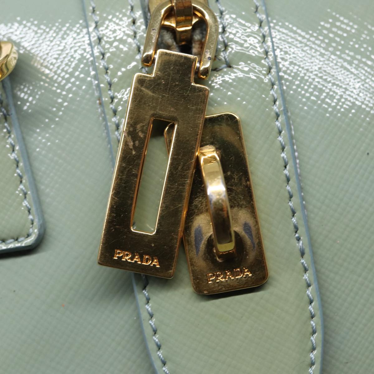 PRADA Hand Bag Enamel 2way Green Gold Auth 86018