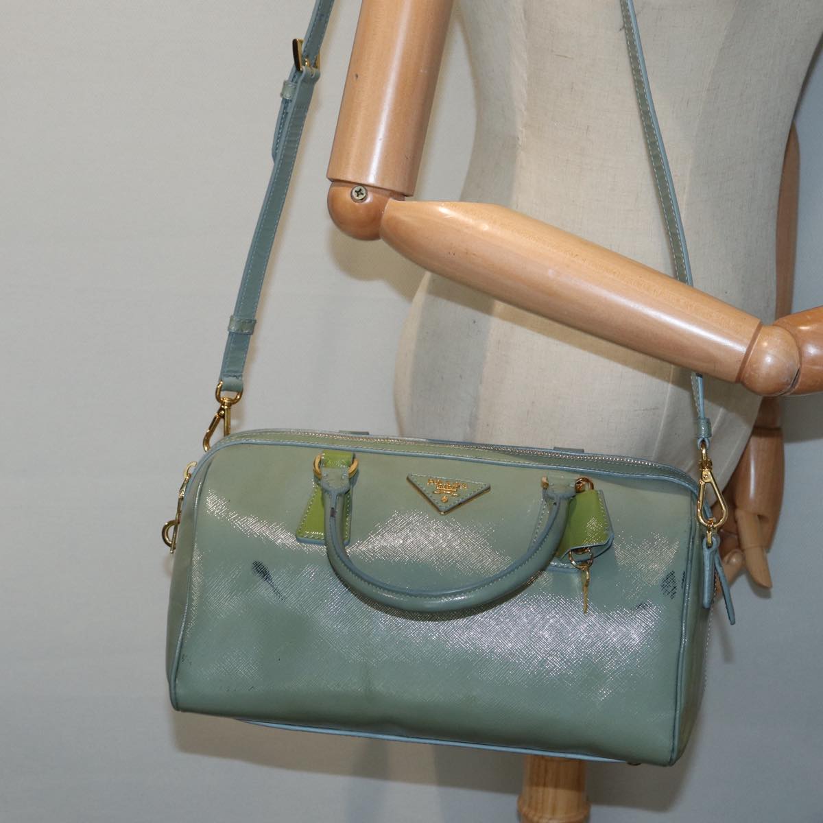 PRADA Hand Bag Enamel 2way Green Gold Auth 86018