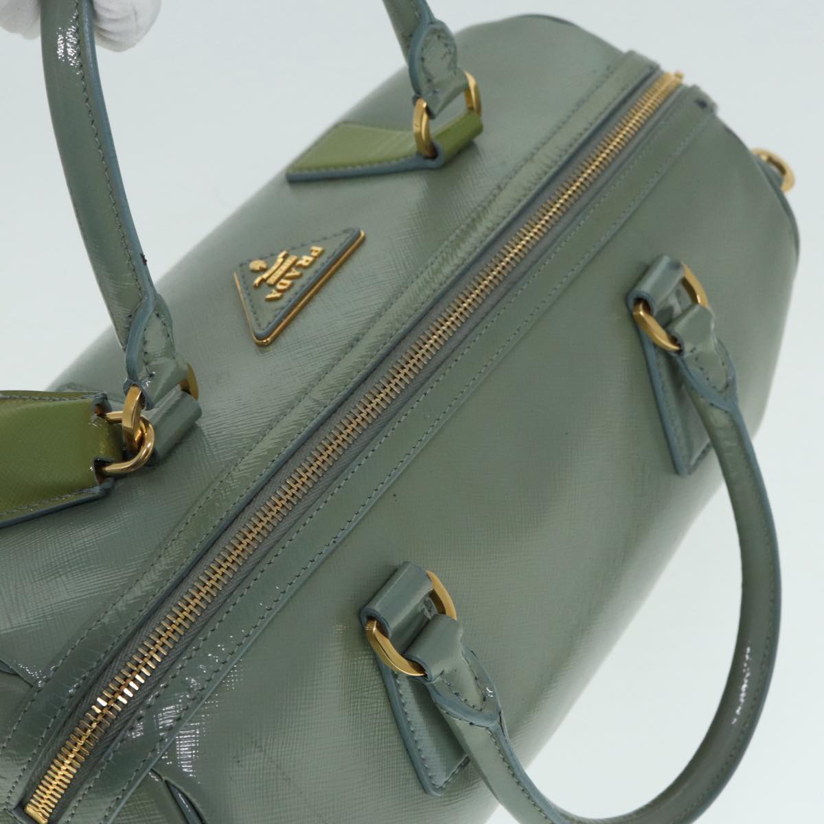 PRADA Hand Bag Enamel 2way Green Gold Auth 86018