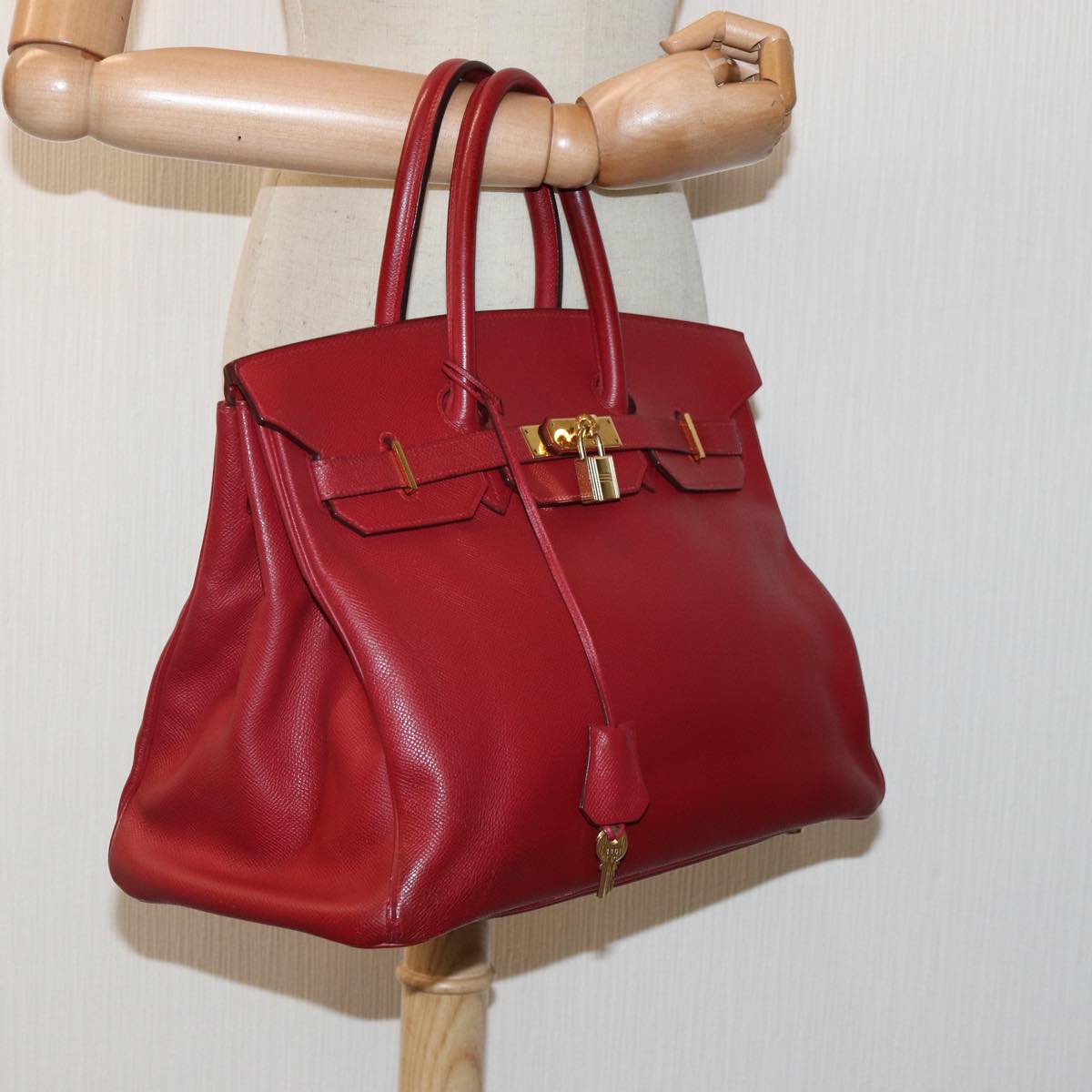 HERMES Birkin 35 Hand Bag Leather Red Gold Auth 86024