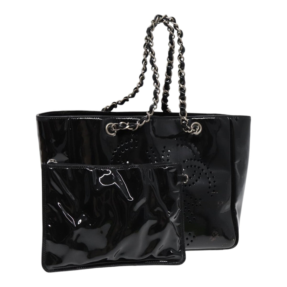 CHANEL Chain Tote Bag Patent leather Black Silver CC Auth 86039