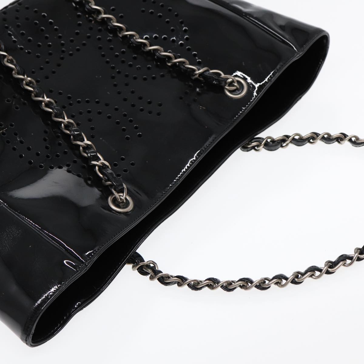 CHANEL Chain Tote Bag Patent leather Black Silver CC Auth 86039