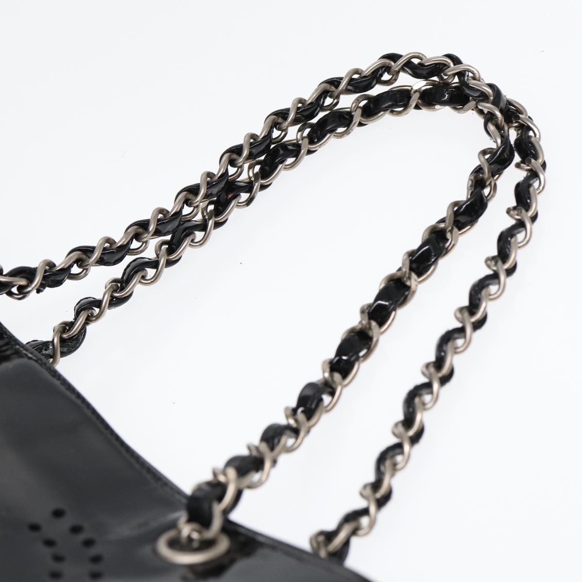 CHANEL Chain Tote Bag Patent leather Black Silver CC Auth 86039