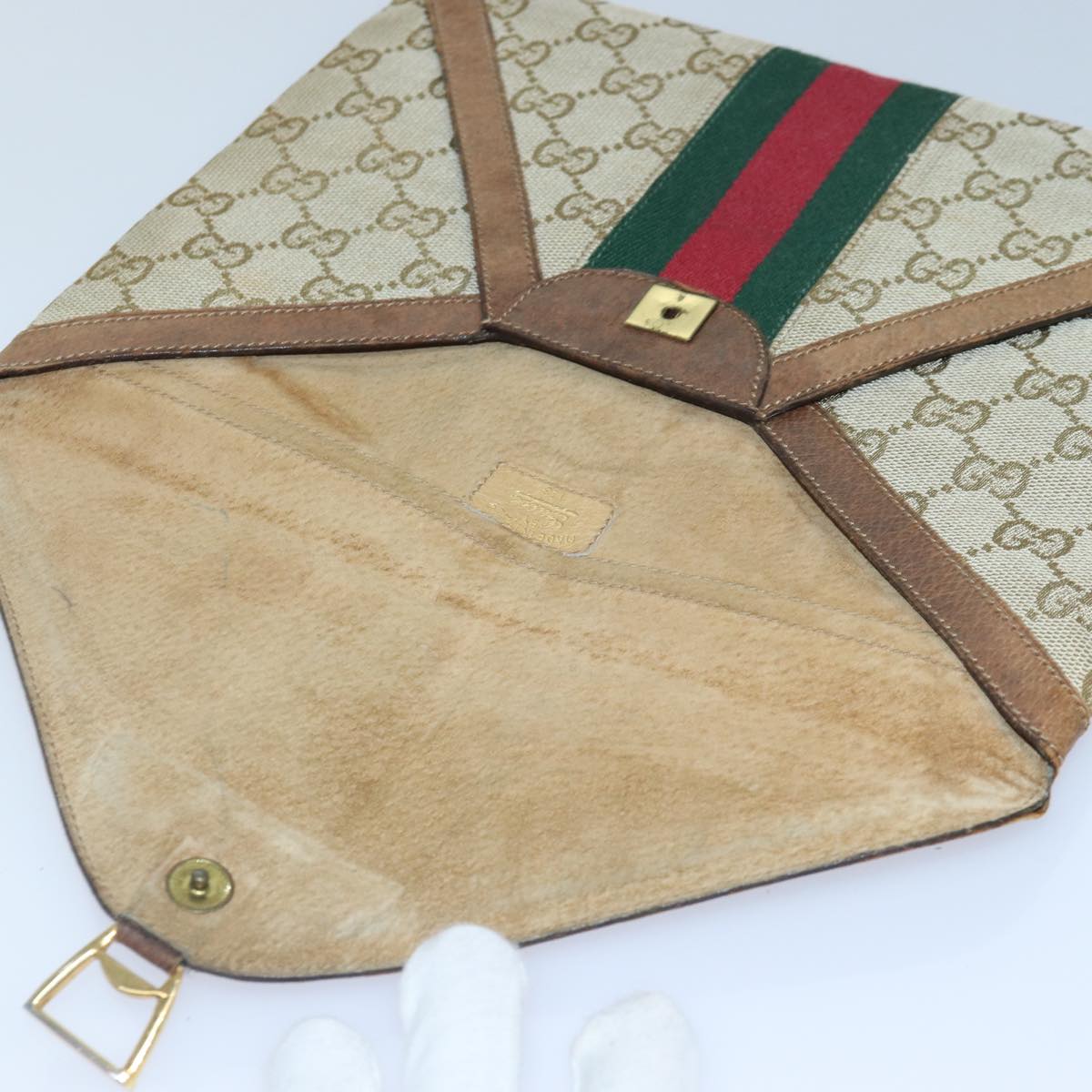 GUCCI GG Canvas Web Sherry Line Clutch Bag Beige Red gold Auth 86042