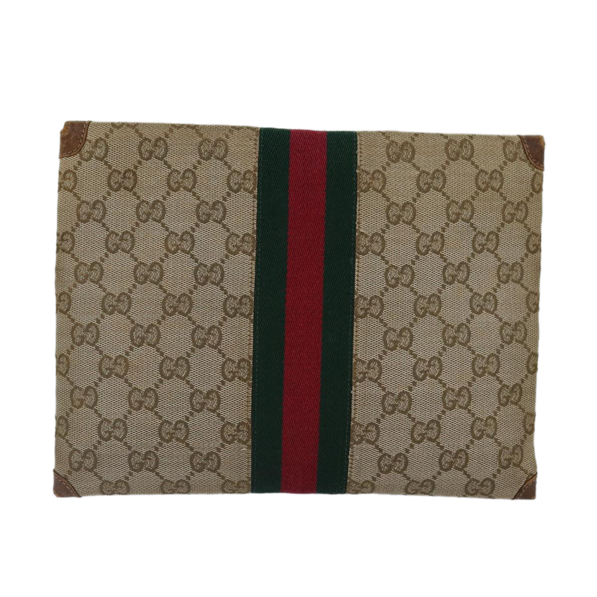 GUCCI GG Canvas Web Sherry Line Clutch Bag Beige Red gold Auth 86042