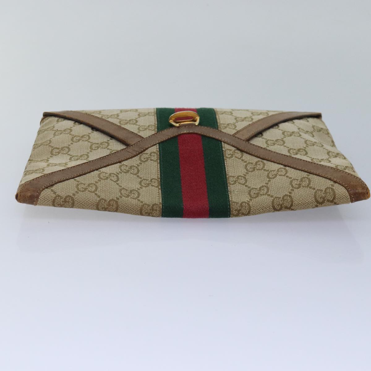 GUCCI GG Canvas Web Sherry Line Clutch Bag Beige Red gold Auth 86042