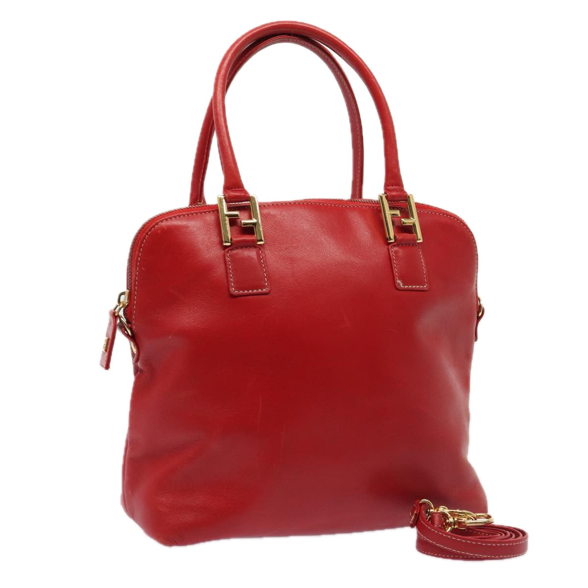 FENDI Hand Bag Leather 2way Red Gold Auth 86044