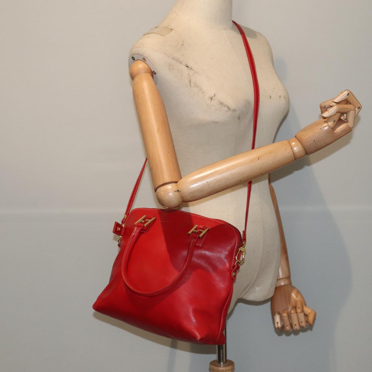 FENDI Hand Bag Leather 2way Red Gold Auth 86044