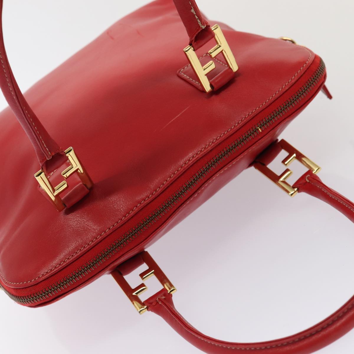 FENDI Hand Bag Leather 2way Red Gold Auth 86044