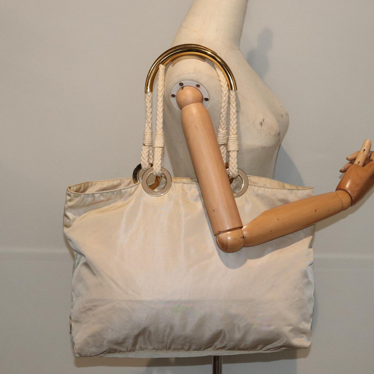 PRADA Tote Bag Nylon Beige Gold Auth 86152