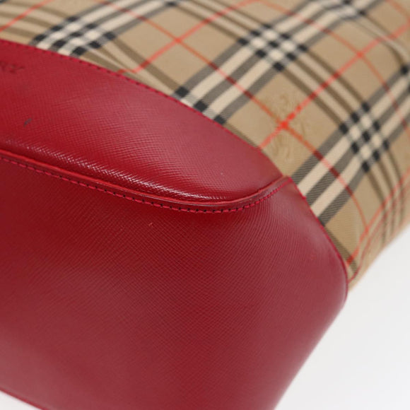BURBERRY Nova Check Tragetasche Canvas Leder Beige Gold Rot Auth 86159