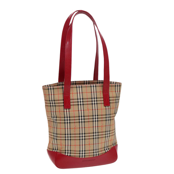 BURBERRY Nova Check Tragetasche Canvas Leder Beige Gold Rot Auth 86159