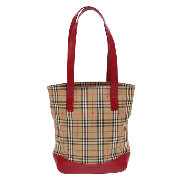 BURBERRY Nova Check Tragetasche Canvas Leder Beige Gold Rot Auth 86159