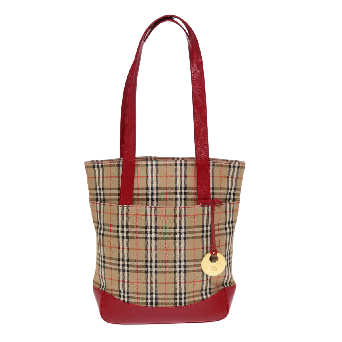 BURBERRY Nova Check Tote Bag Canvas Leather Beige Gold Red Auth 86159 - 0