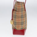 BURBERRY Nova Check Tragetasche Canvas Leder Beige Gold Rot Auth 86159-3