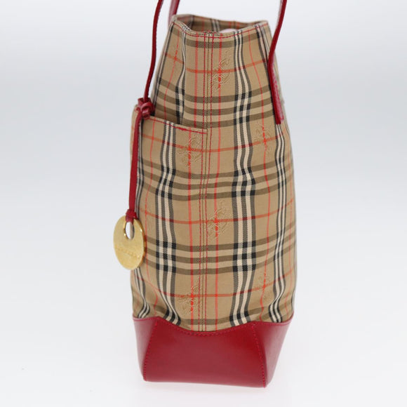 BURBERRY Nova Check Tragetasche Canvas Leder Beige Gold Rot Auth 86159