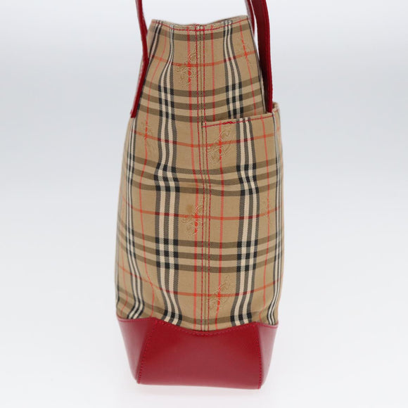 BURBERRY Nova Check Tragetasche Canvas Leder Beige Gold Rot Auth 86159