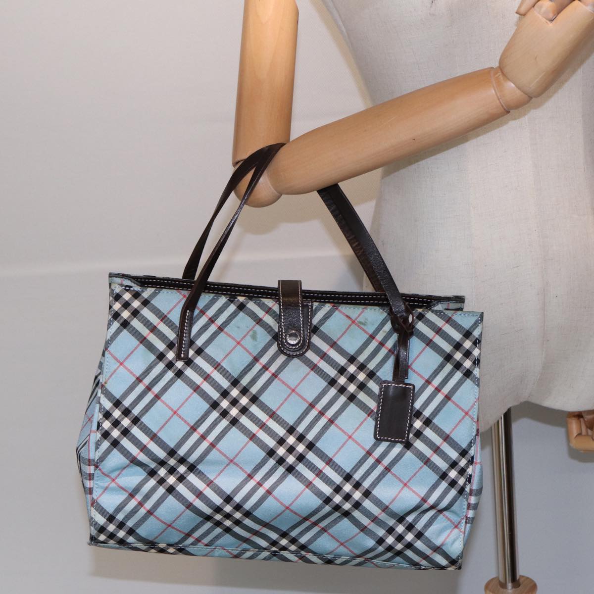 BURBERRY Nova Check Blue Label Hand Bag Nylon Beige Silver Auth 86170