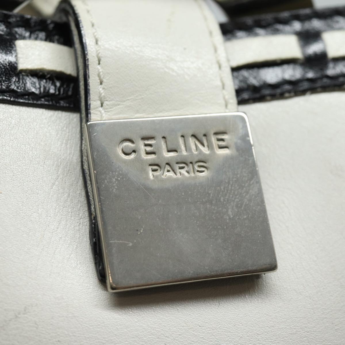 CELINE Shoulder Bag Leather White Silver Auth 86175