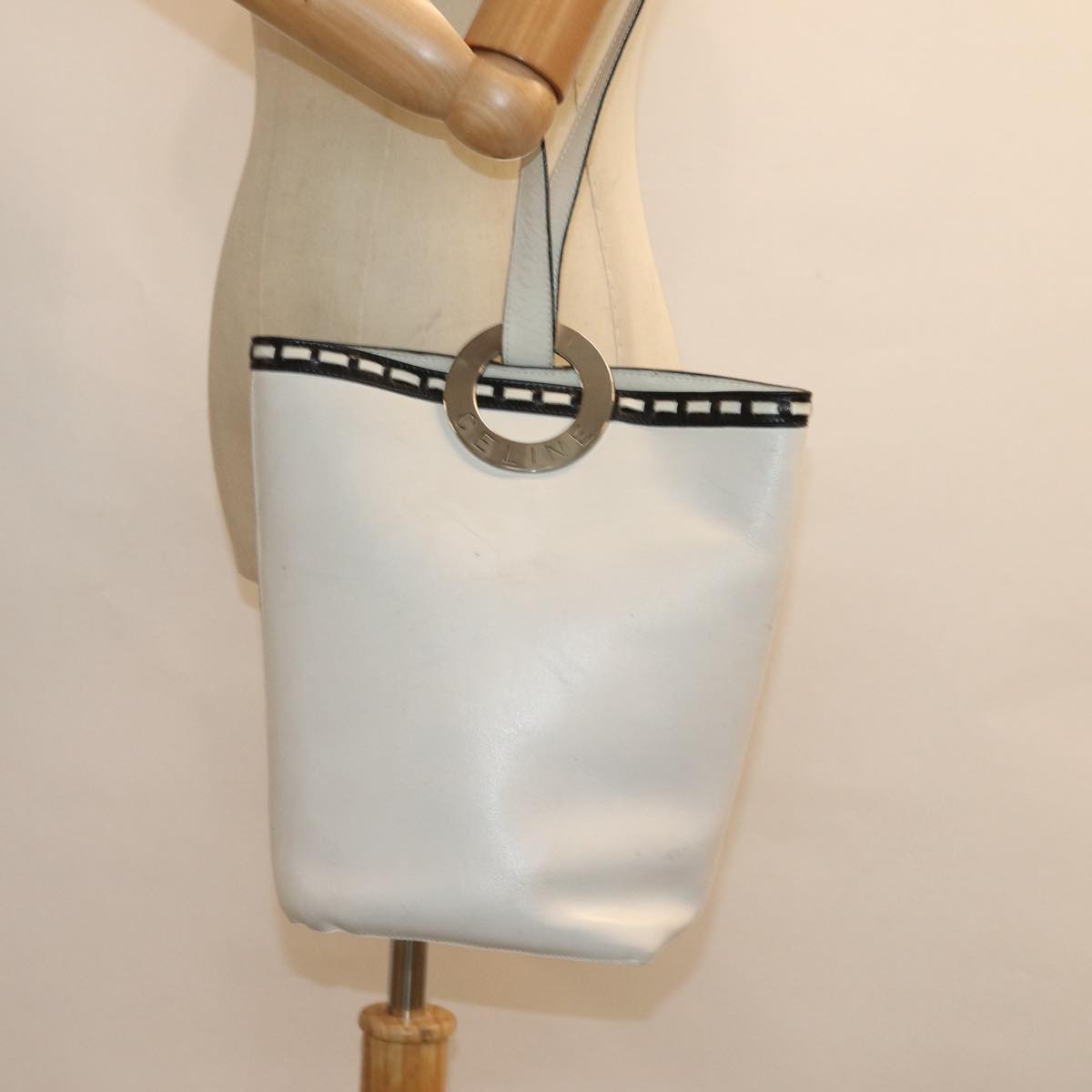 CELINE Shoulder Bag Leather White Silver Auth 86175