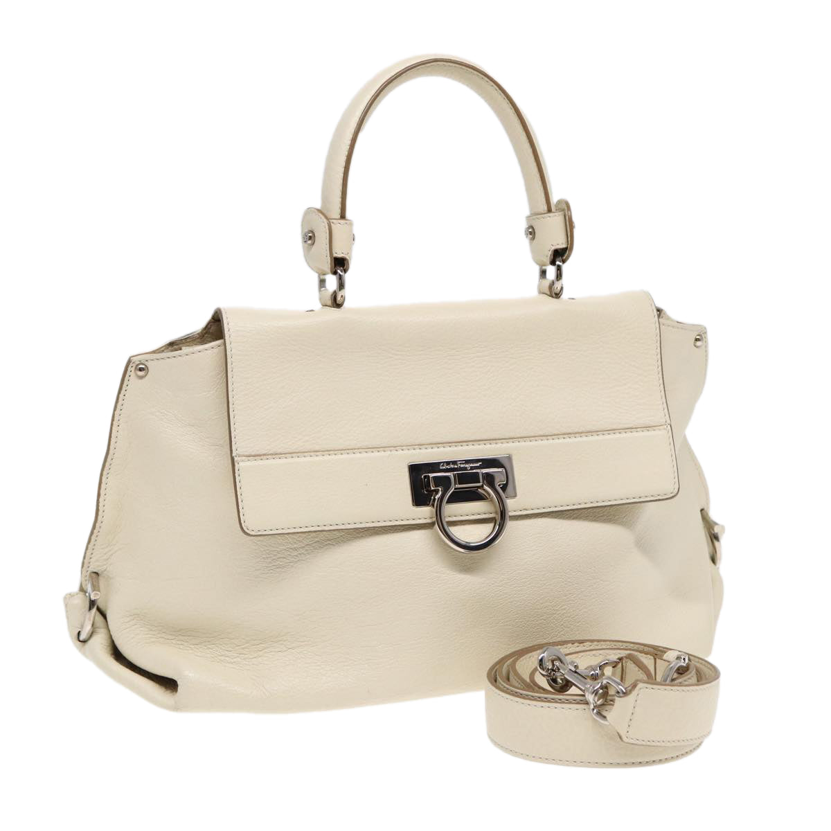 Salvatore Ferragamo Gancini Sofia Hand Bag Leather 2way White Silver Auth 86176