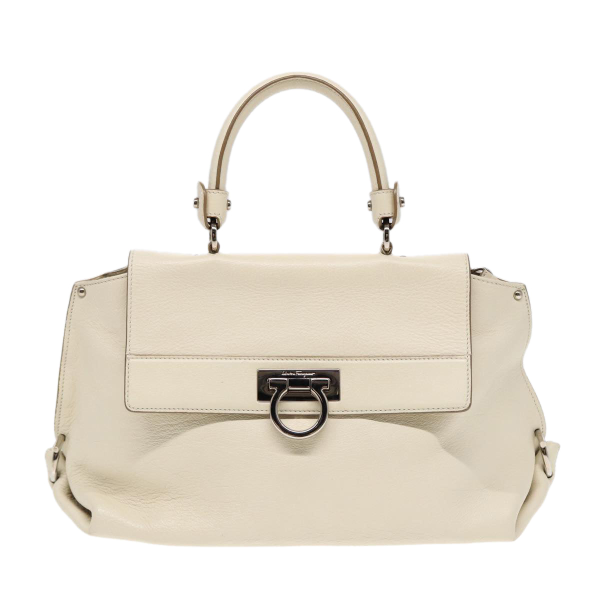 Salvatore Ferragamo Gancini Sofia Hand Bag Leather 2way White Silver Auth 86176