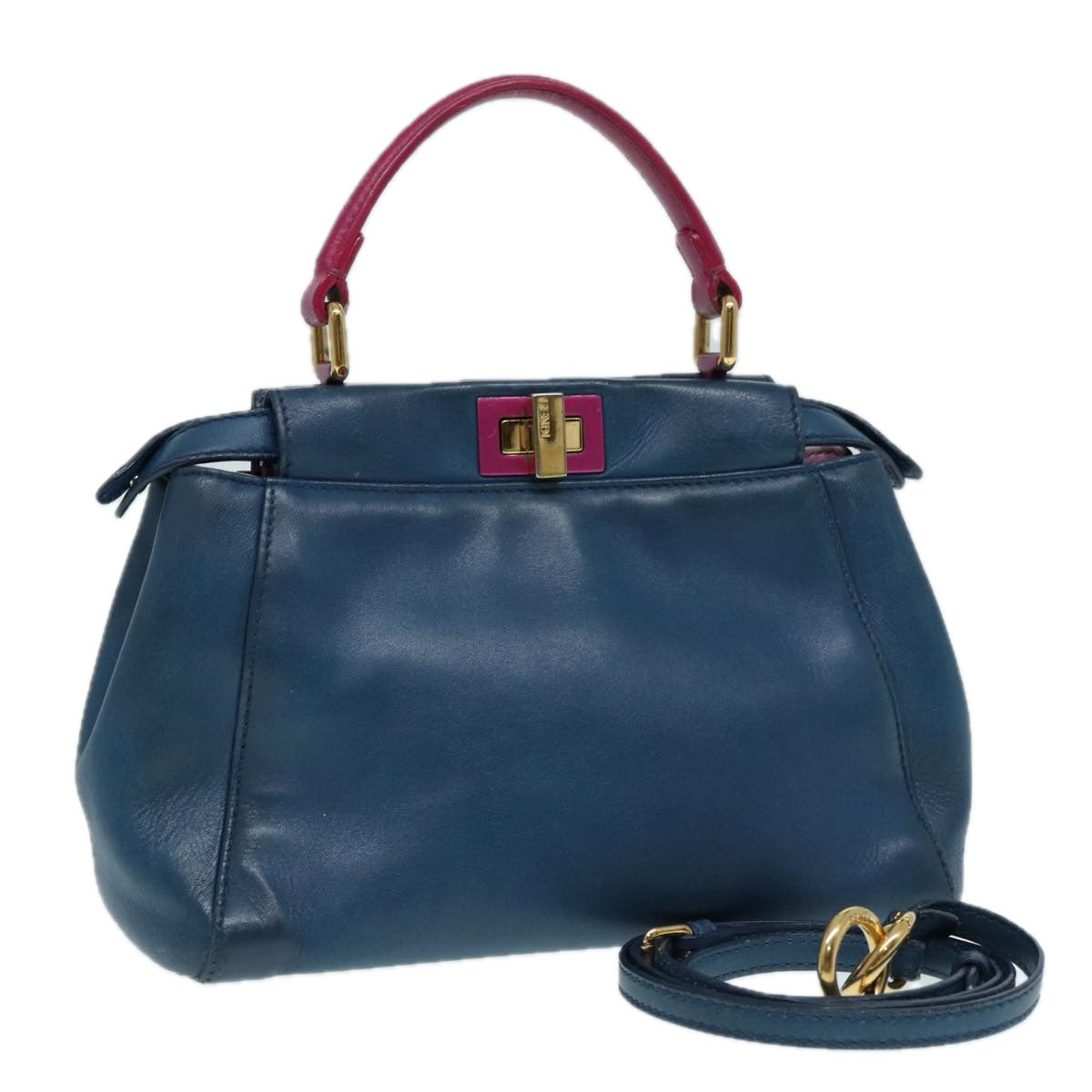 FENDI Mini Peek A Boo Hand Bag Leather 2way Blue Gold Auth 86182