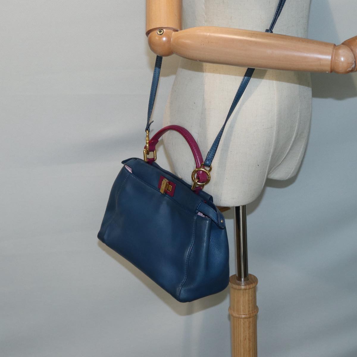 FENDI Mini Peek A Boo Hand Bag Leather 2way Blue Gold Auth 86182