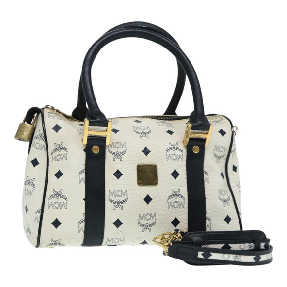 MCM Vicetos Logogram Handtasche PVC Leder 2-Wege Weiß Gold Auth 86185