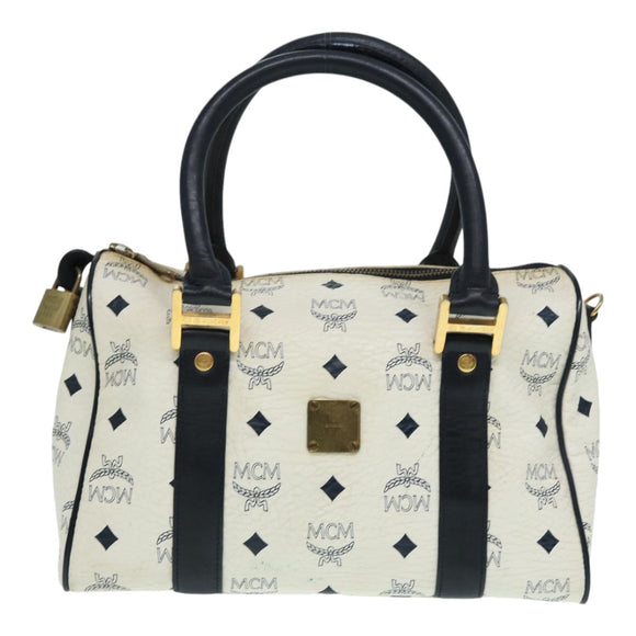 MCM Vicetos Logogram Handtasche PVC Leder 2-Wege Weiß Gold Auth 86185