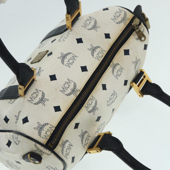 MCM Vicetos Logogram Handtasche PVC Leder 2-Wege Weiß Gold Auth 86185