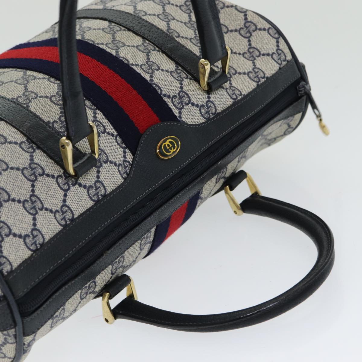 GUCCI GG Supreme Sherry Line Boston Bag PVC Navy Red gold 39 02 007 Auth 86217