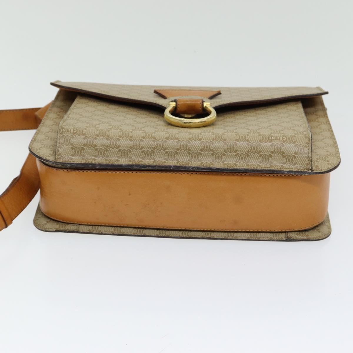 CELINE Macadam Canvas Shoulder Bag Beige Gold Auth 86227