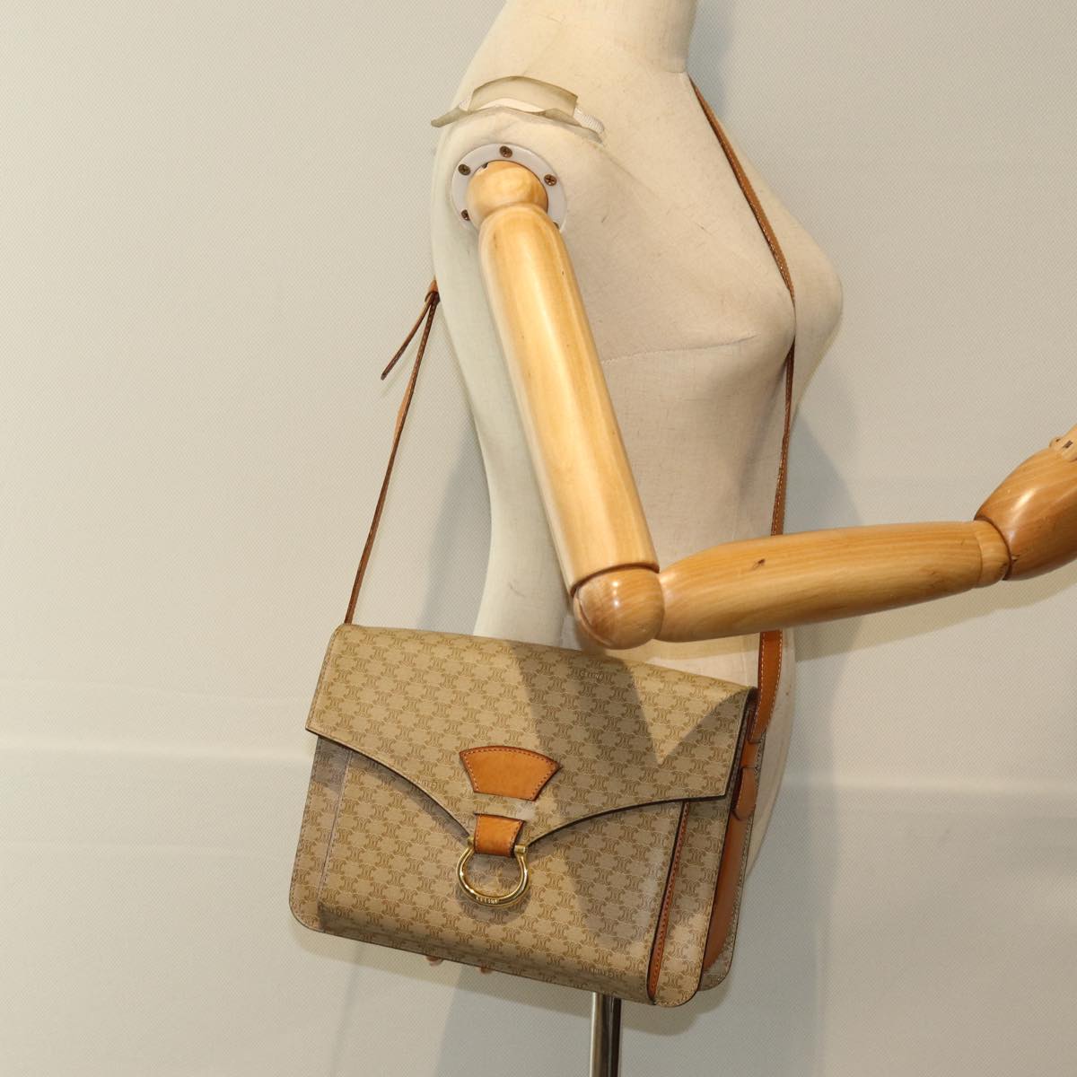 CELINE Macadam Canvas Shoulder Bag Beige Gold Auth 86227