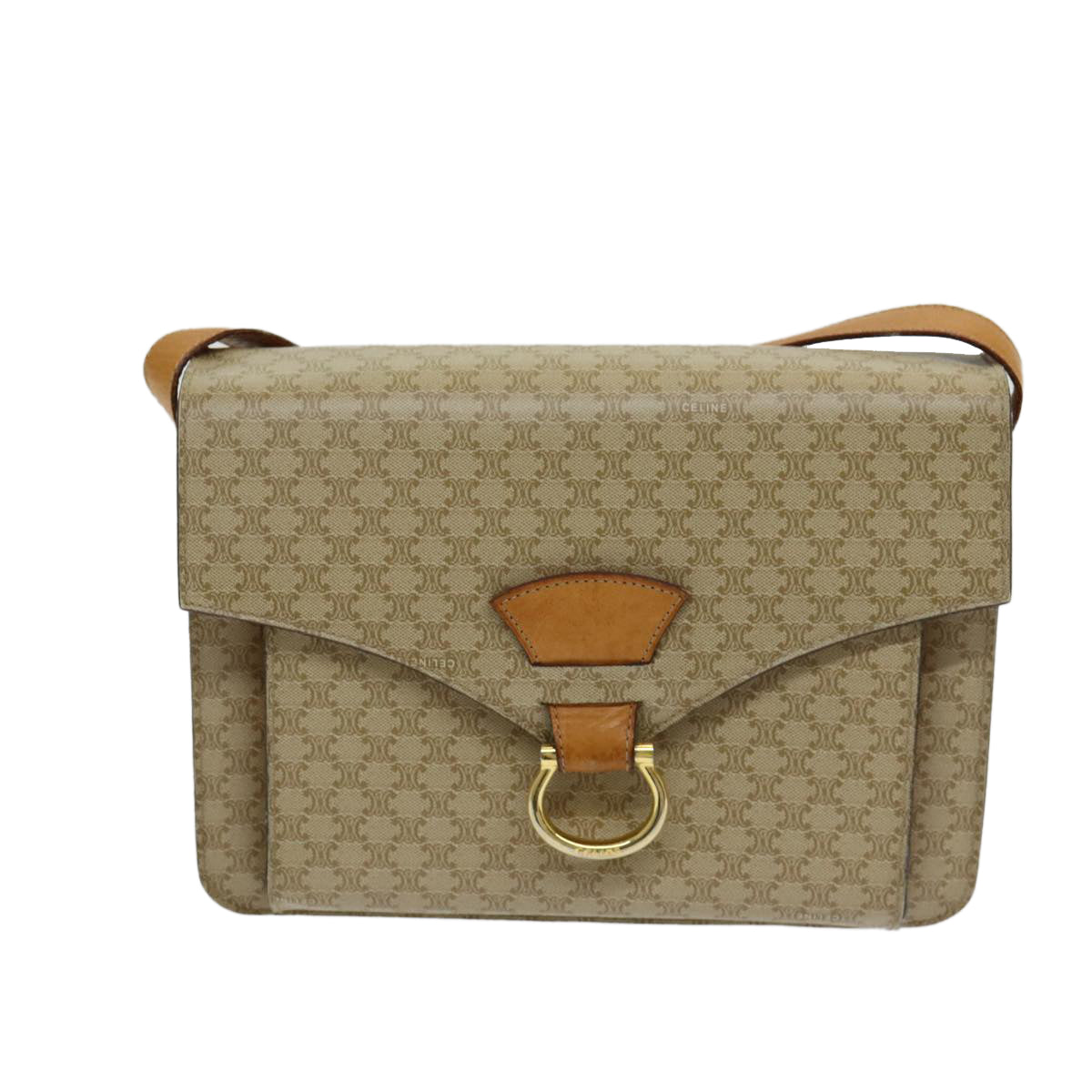 CELINE Macadam Canvas Shoulder Bag Beige Gold Auth 86227