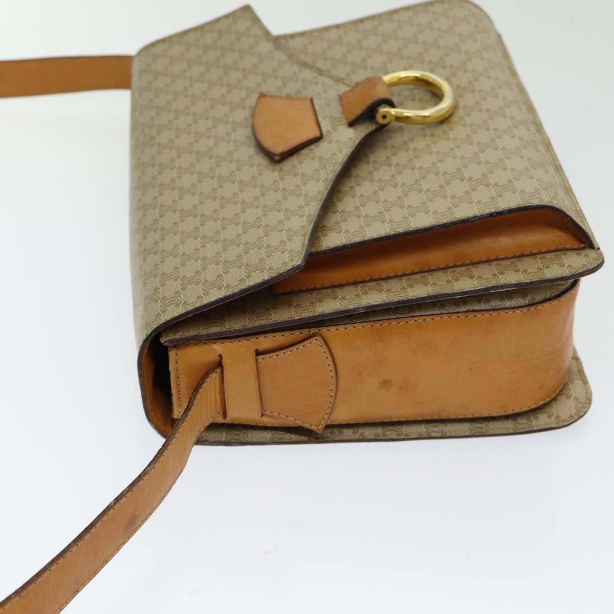 CELINE Macadam Canvas Shoulder Bag Beige Gold Auth 86227