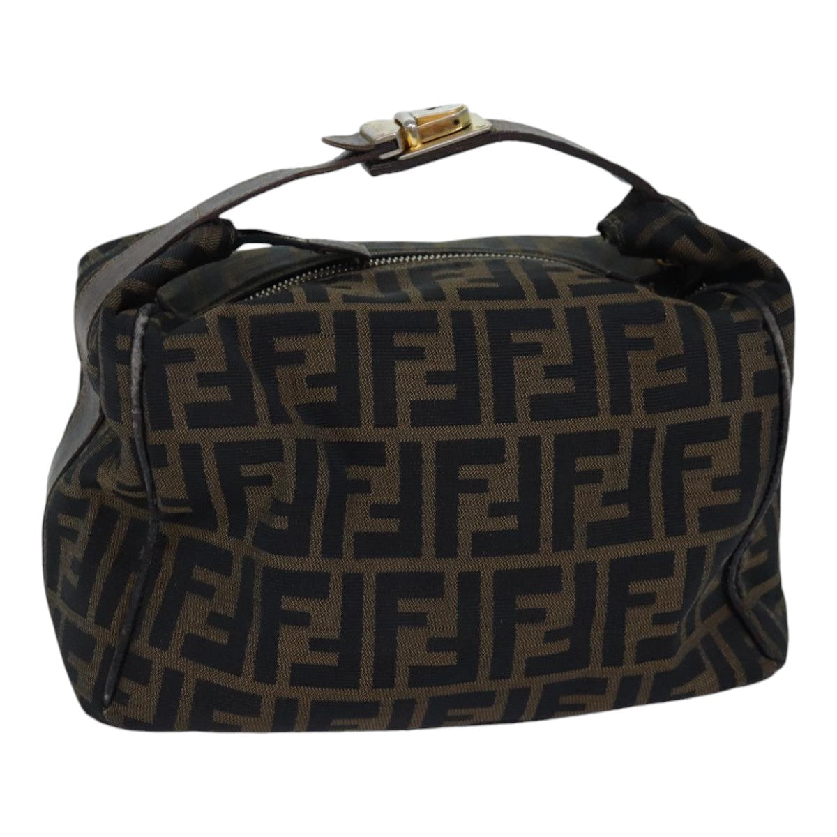 FENDI Zucca Canvas Vanity Pouch Brown Black gold Auth 86247