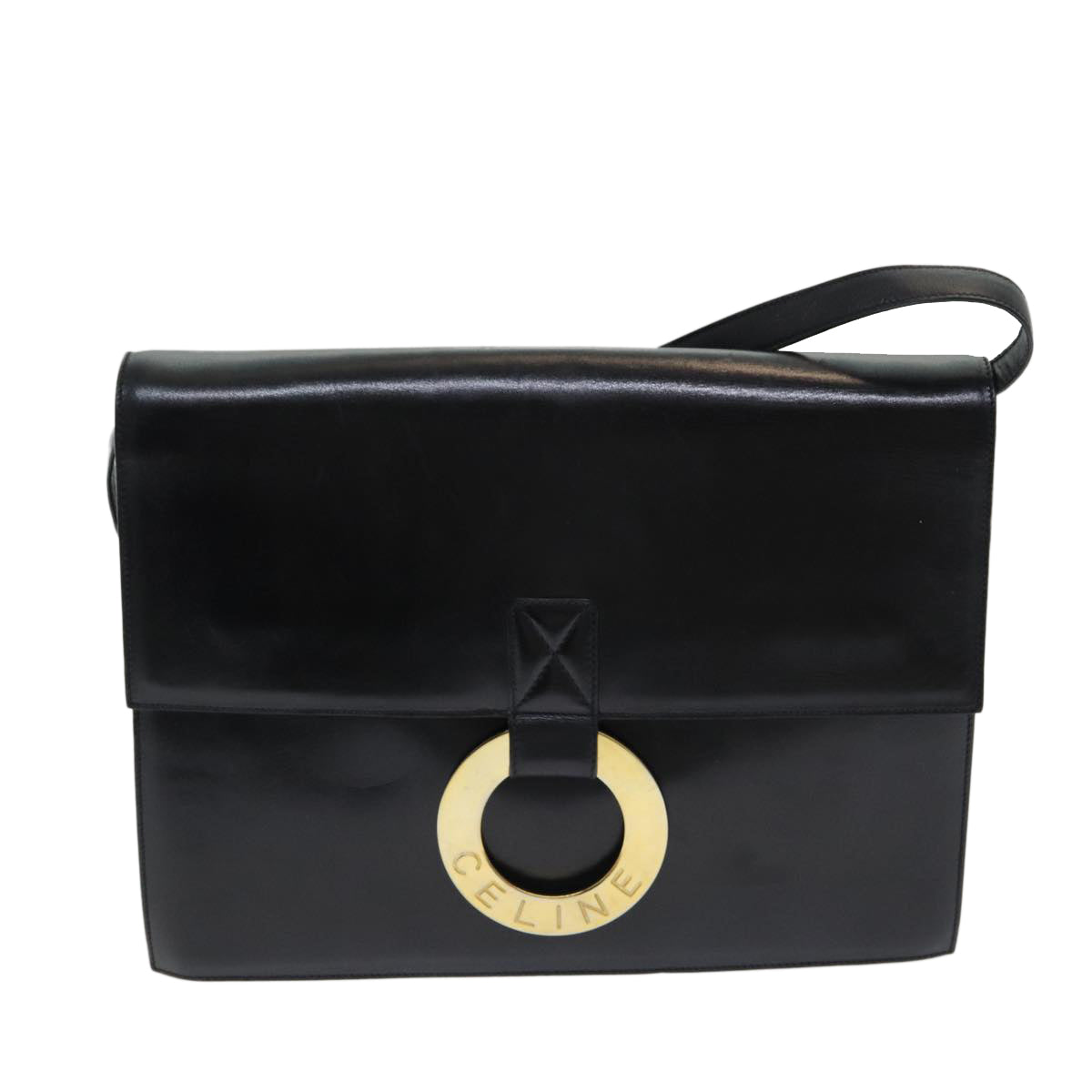 CELINE Shoulder Bag Leather Black Gold Auth 86257