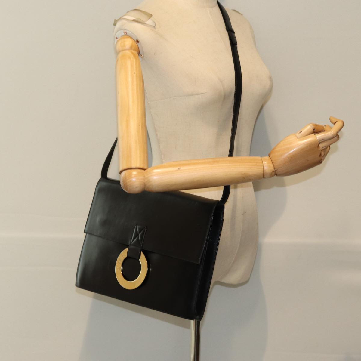 CELINE Shoulder Bag Leather Black Gold Auth 86257