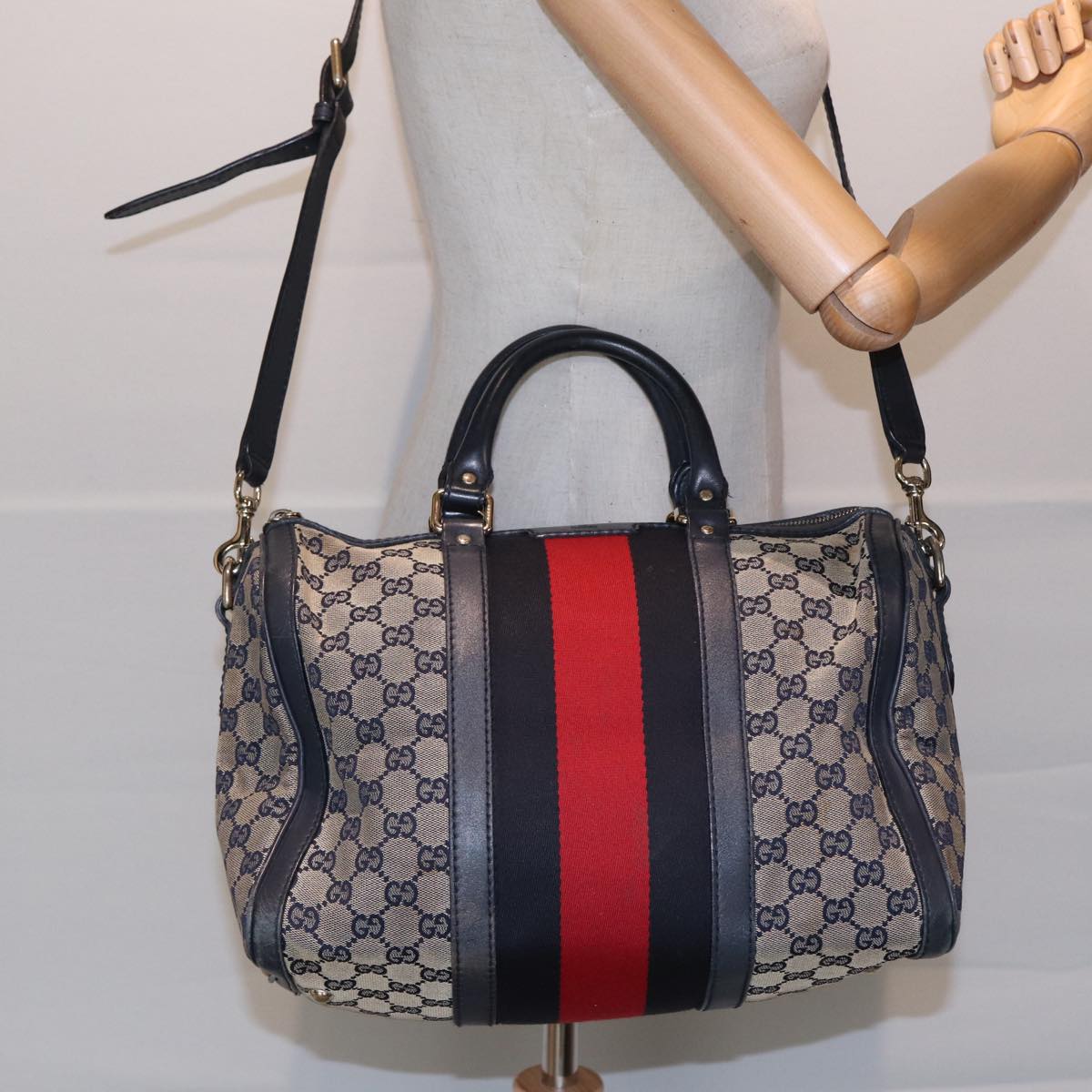 GUCCI GG Canvas Boston Bag 2way Beige Navy Silver 247205 Auth 86270