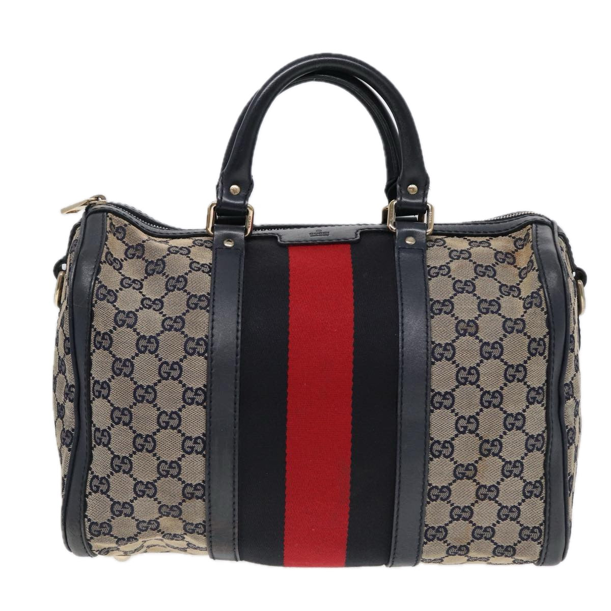 GUCCI GG Canvas Boston Bag 2way Beige Navy Silver 247205 Auth 86270