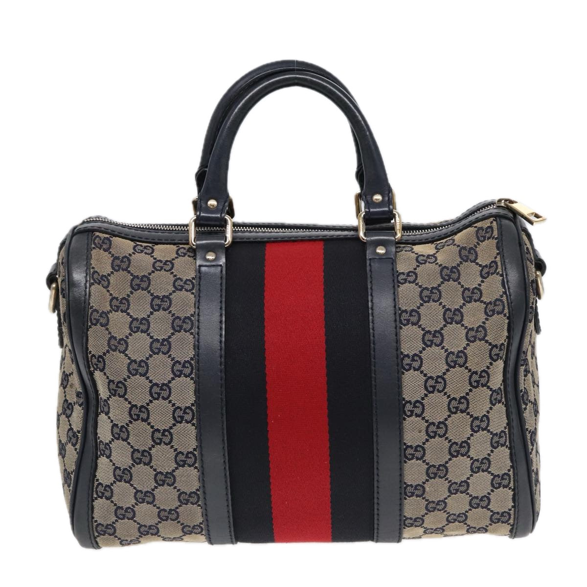 GUCCI GG Canvas Boston Bag 2way Beige Navy Silver 247205 Auth 86270