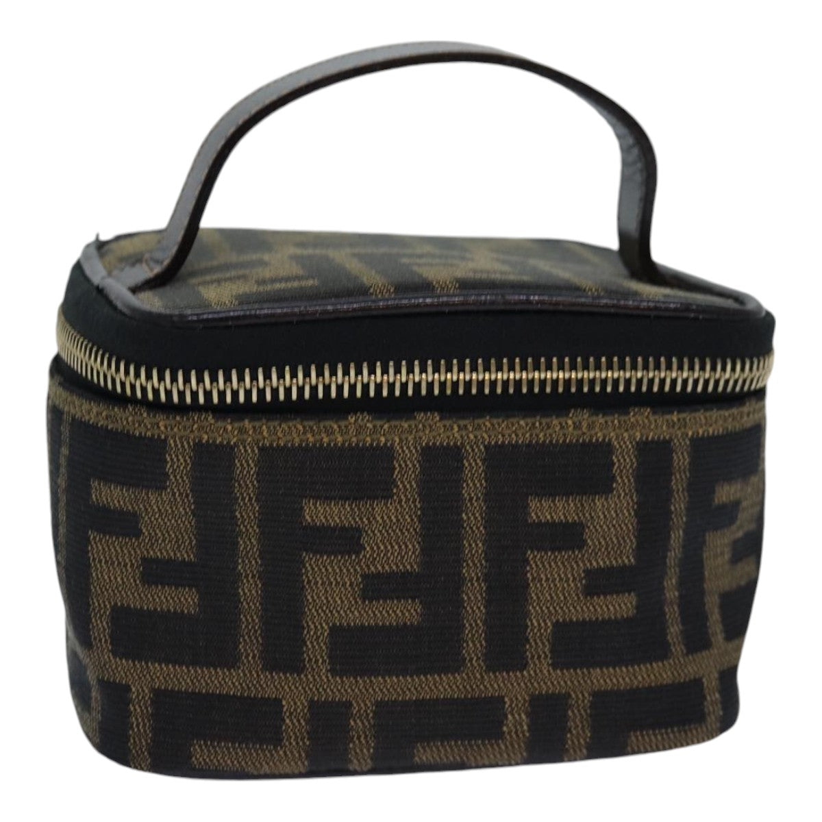 FENDI Zucca Canvas Vanity Pouch Brown Black gold Auth 86299