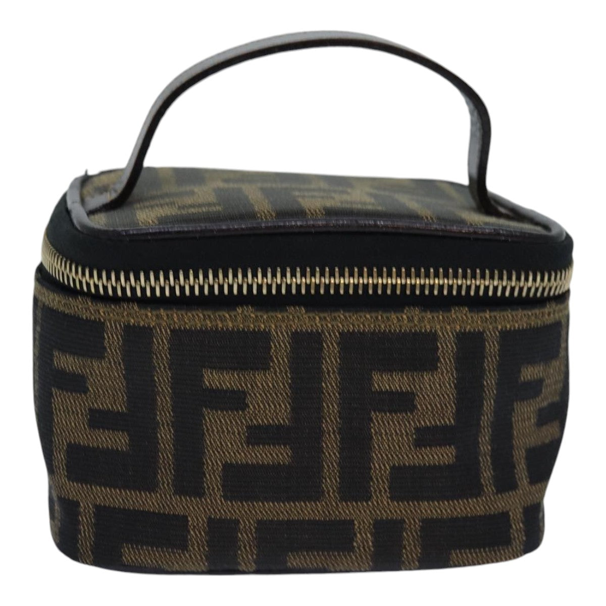 FENDI Zucca Canvas Vanity Pouch Brown Black gold Auth 86299