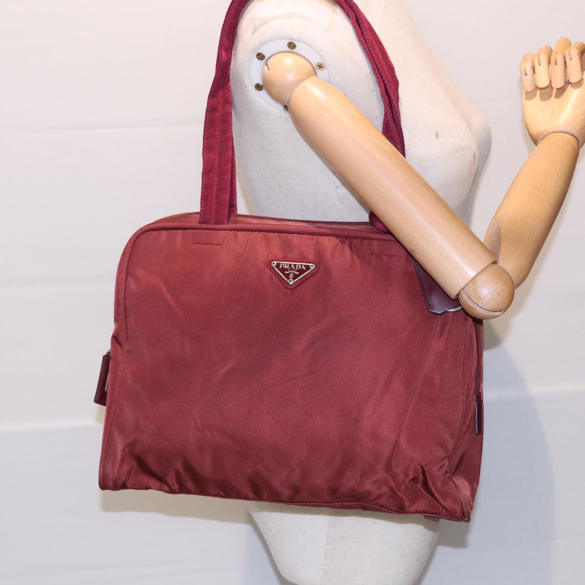 PRADA Tote Bag Nylon Wine Red Silver Auth 86345