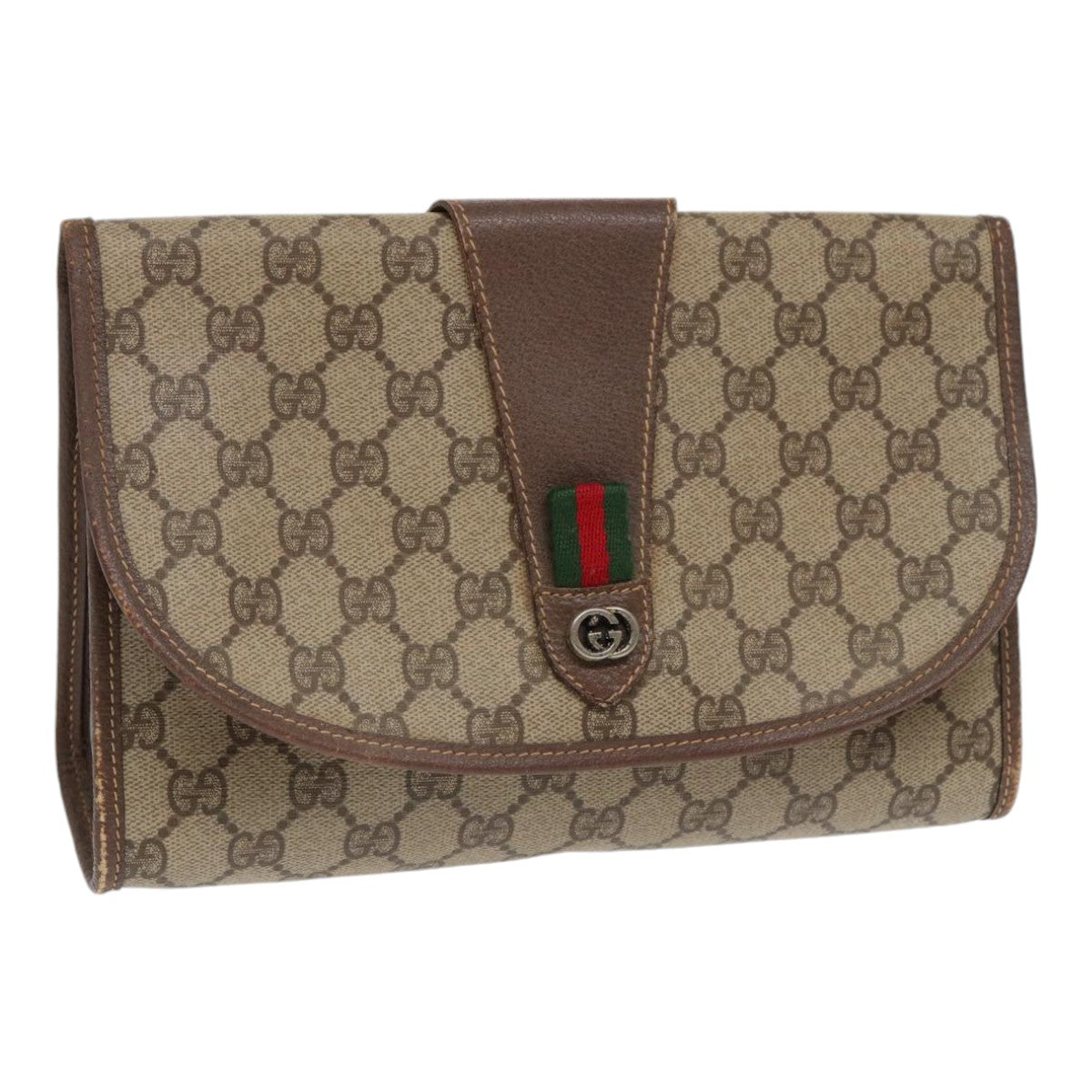 GUCCI GG Supreme Web Sherry Line Clutch Bag PVC Beige Red 89 01 030 Auth 86403