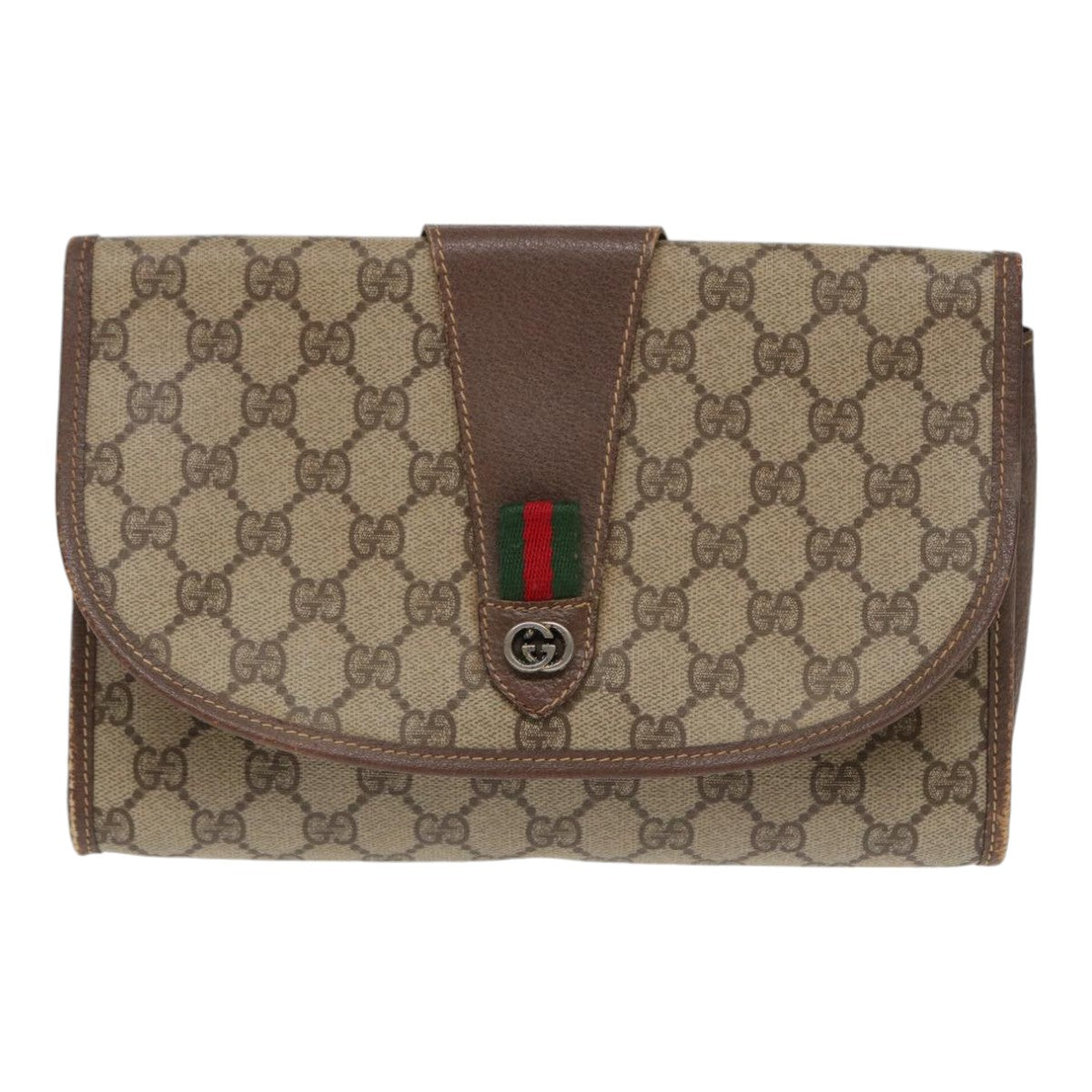 GUCCI GG Supreme Web Sherry Line Clutch Bag PVC Beige Red 89 01 030 Auth 86403