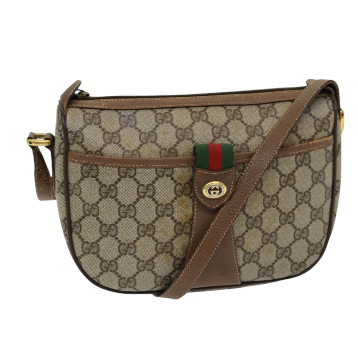 GUCCI GG Canvas Web Sherry Line Shoulder Bag PVC Beige Green Red Auth 86406