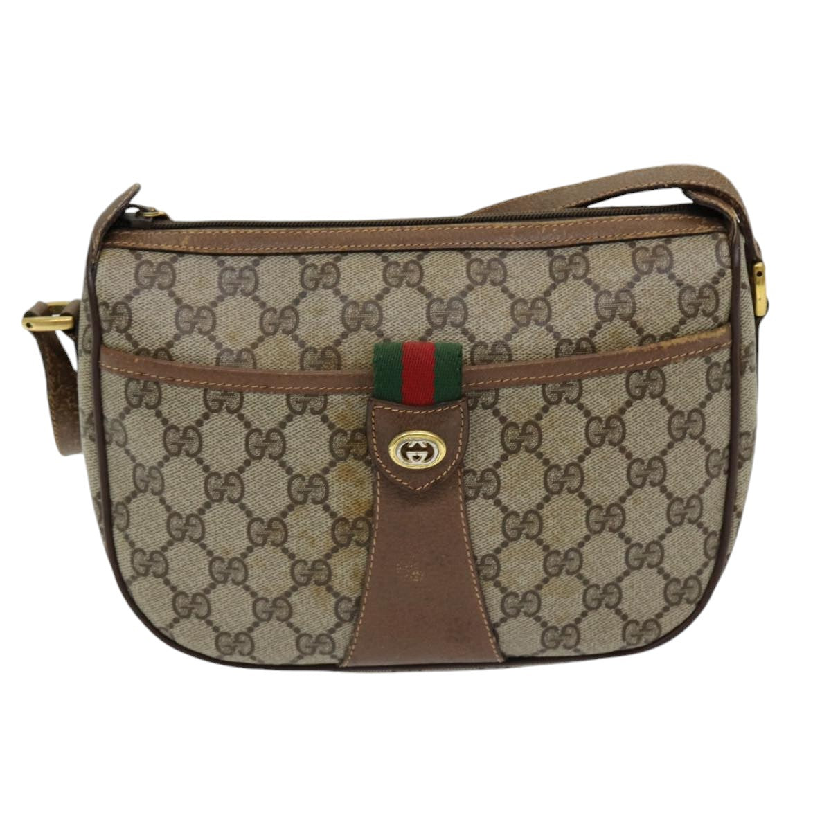 GUCCI GG Canvas Web Sherry Line Shoulder Bag PVC Beige Green Red Auth 86406